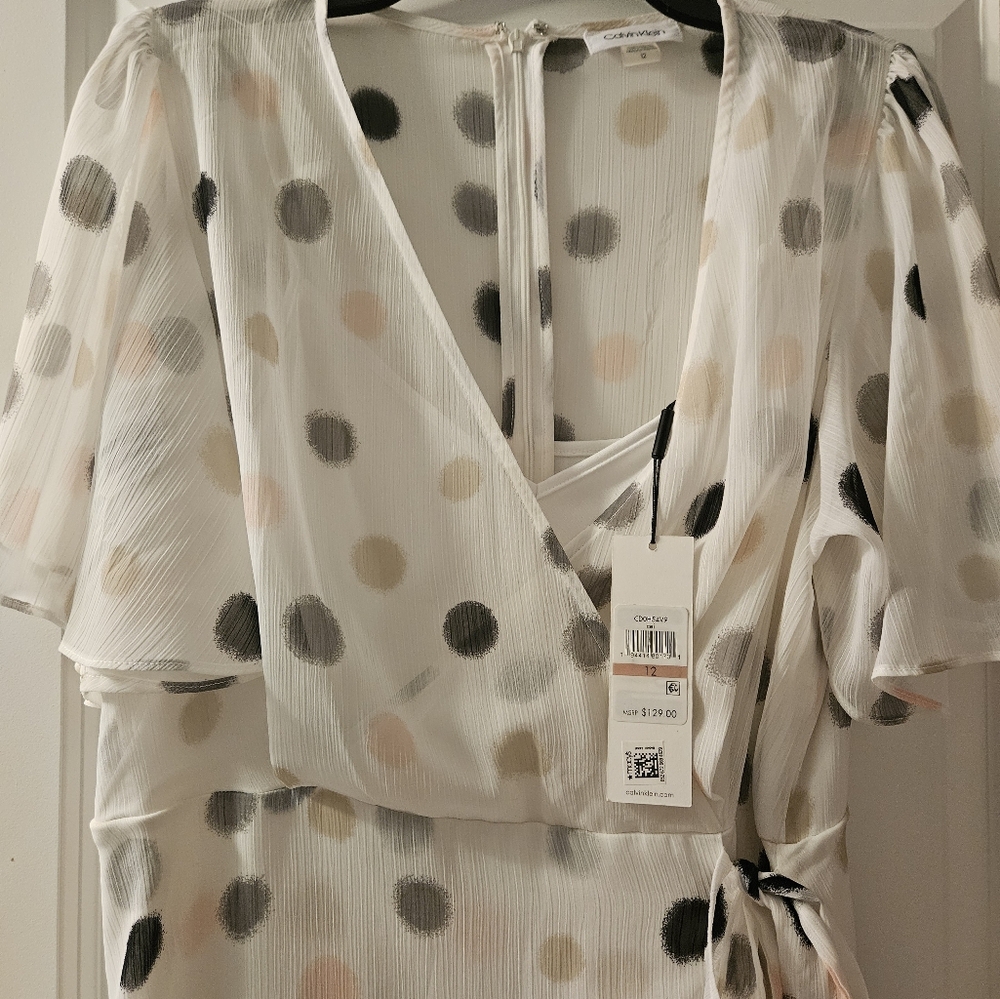 NWT!!! CALVIN KLEIN Womens Polka-Dot Ruffle Dress White Size 12 !!NWT
